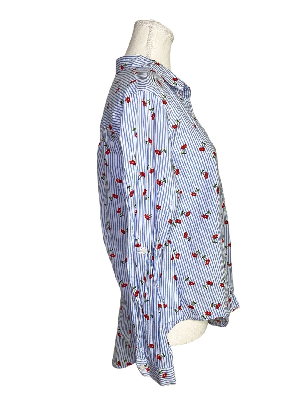 Love Notes Blue White Striped Cherry Print Button-Down Shirt Size M - Picture 3 of 15